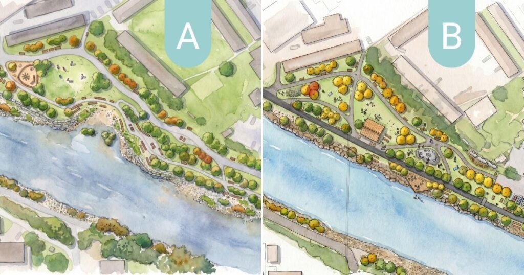 Watercolour-style renderings of two landscape architecture design concepts