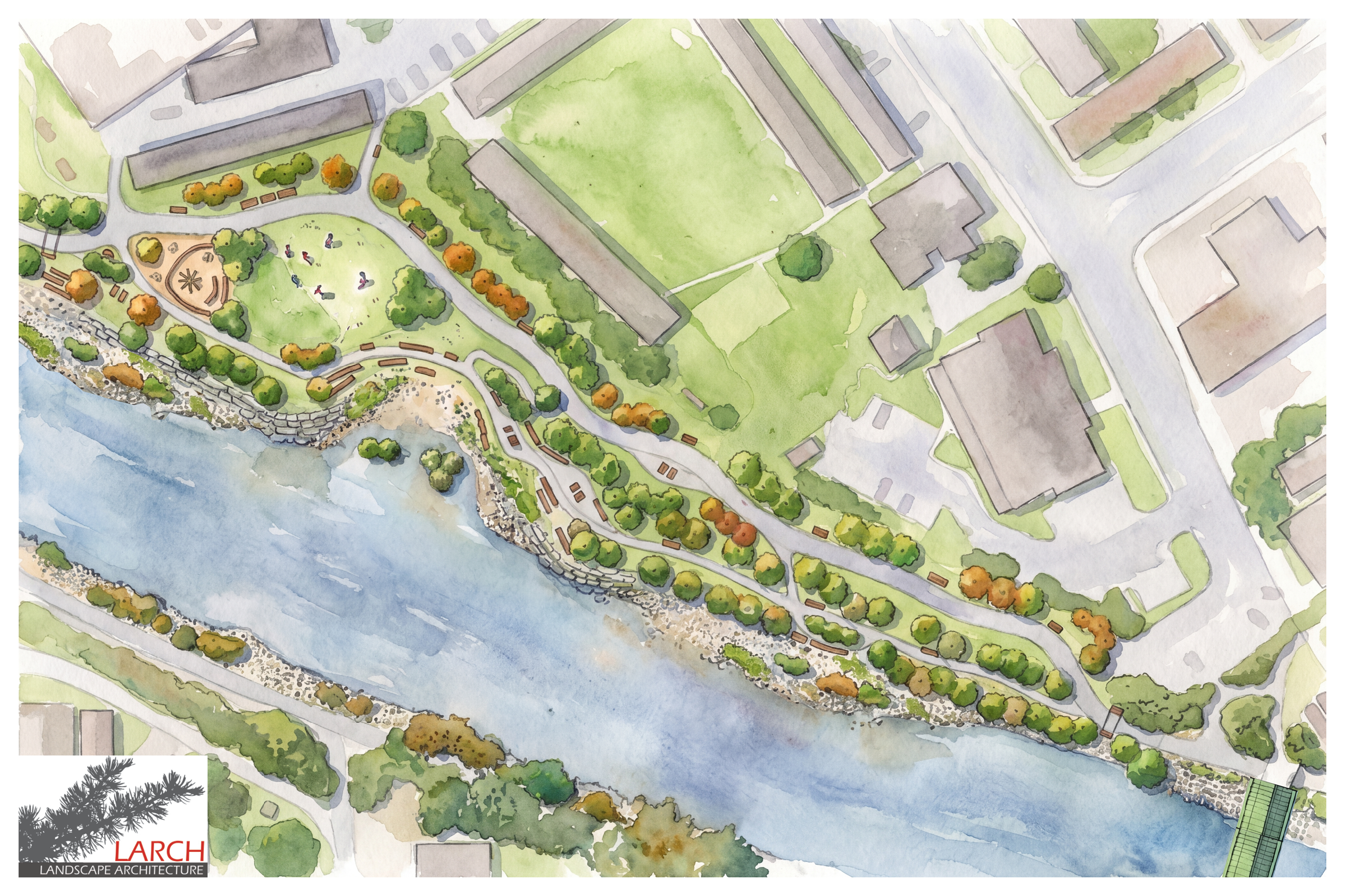 Rendering of a landscape architecture concept for Centennial Park, 1 of 2.