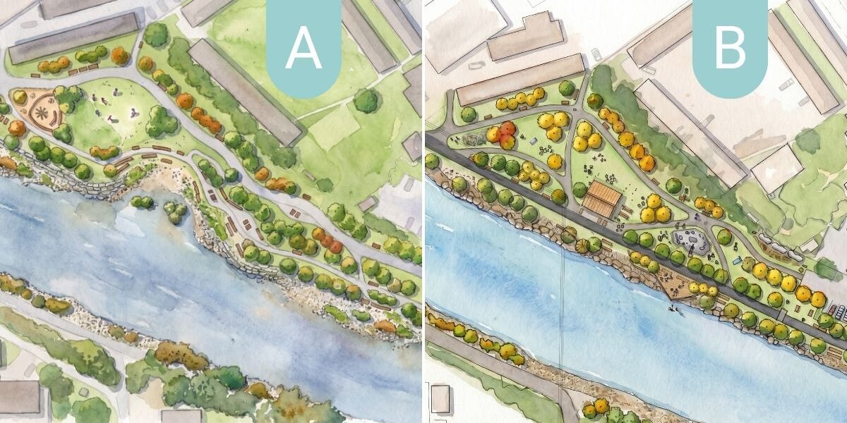 Watercolour-style renderings of two landscape architecture design concepts